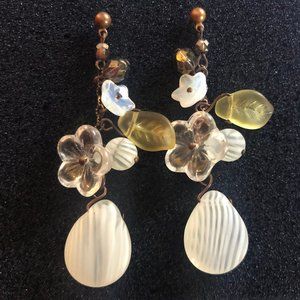 Flower Dangle Earrings White Art Glass Beaded Handmade 2.5”